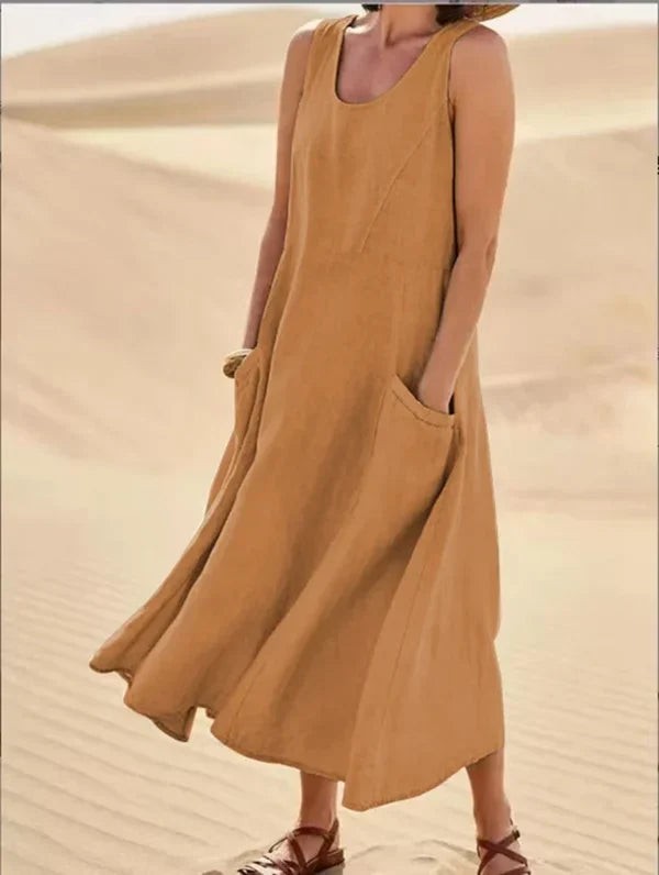 Mustard yellow sleeveless linen maxi dress with deep side pockets