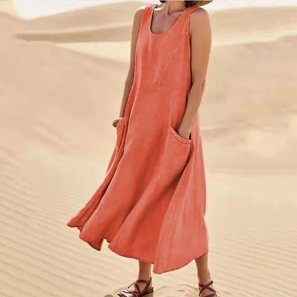 Coral sleeveless linen maxi dress with pockets and scoop neckline
