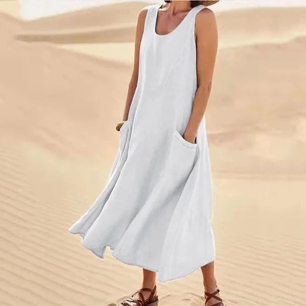 White sleeveless linen midi dress with relaxed A-line silhouette
