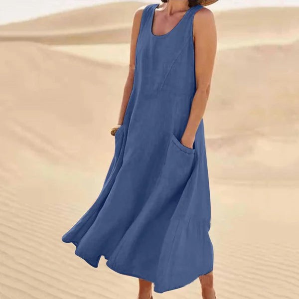 Denim blue sleeveless linen maxi dress with side pockets, relaxed silhouette