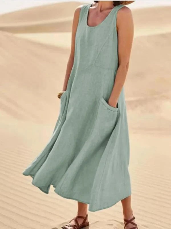Seafoam green sleeveless linen maxi dress with patch pockets, casual style