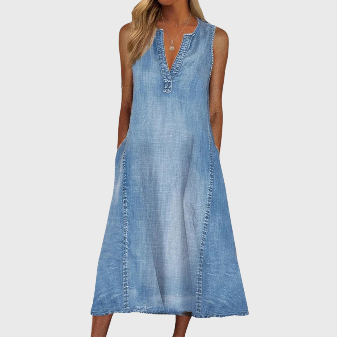 sleeveless denim midi dress with split neckline and A-line silhouette