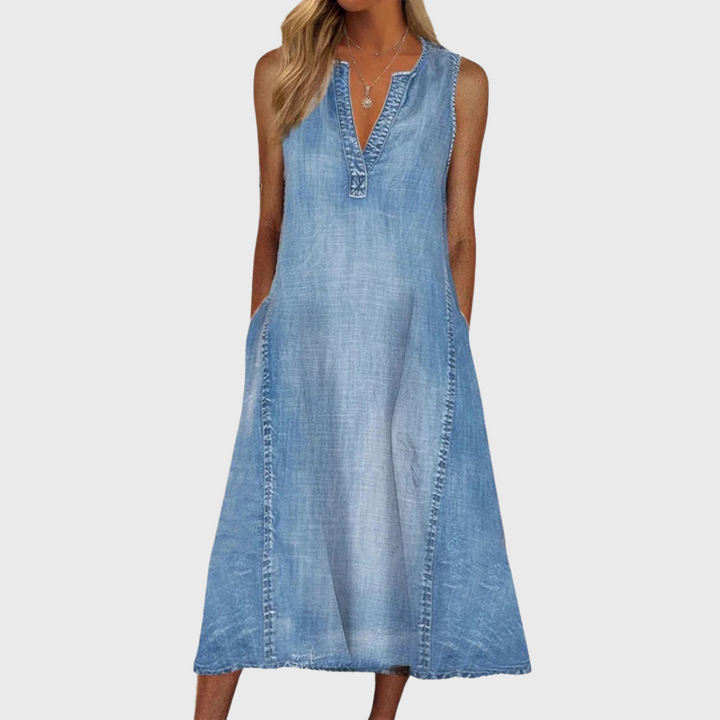 sleeveless denim midi dress with split neckline and A-line silhouette