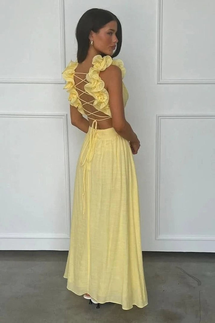 yellow ruffle-strap maxi dress with lace-up open back detail