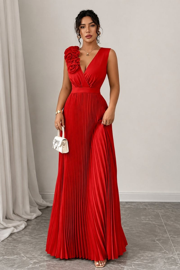 red V-neck pleated maxi gown with rosette shoulder detail, front view
