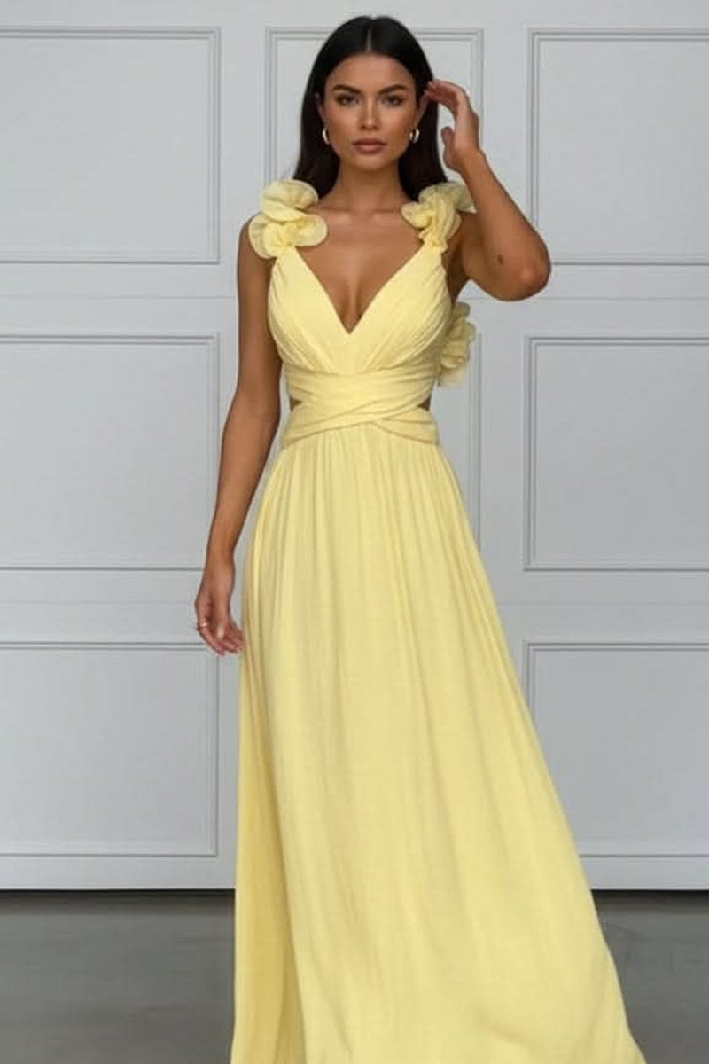 pale yellow ruffle-strap maxi dress with wrap waist and V-neckline