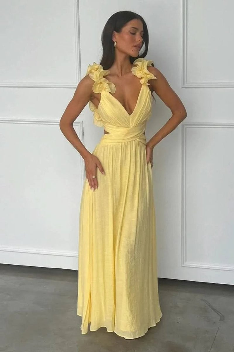 yellow ruffle-strap maxi dress with cutout waist, close-up front view