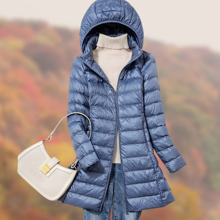 Blue hooded long puffer jacket with quilted panels and slim fit