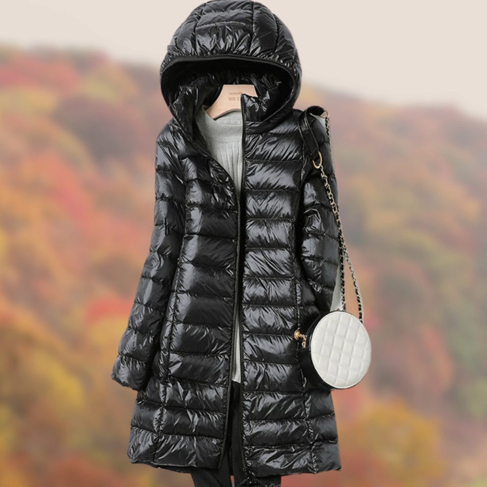 Black glossy hooded puffer coat with mid-length quilted design