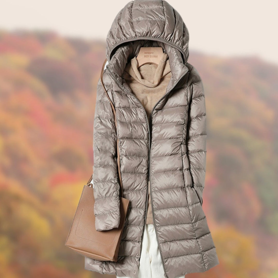 Taupe hooded long puffer jacket with slim quilted silhouette