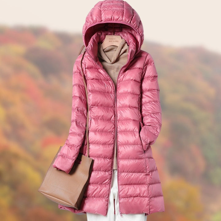 Rose pink hooded puffer jacket with shiny quilted finish