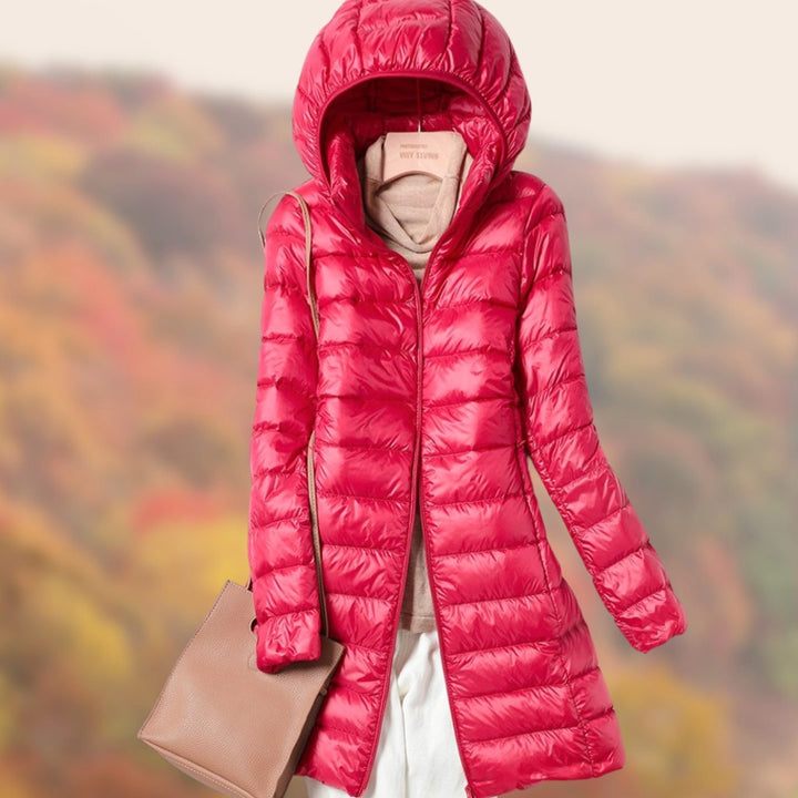 Crimson red hooded long puffer coat with slim quilted panels