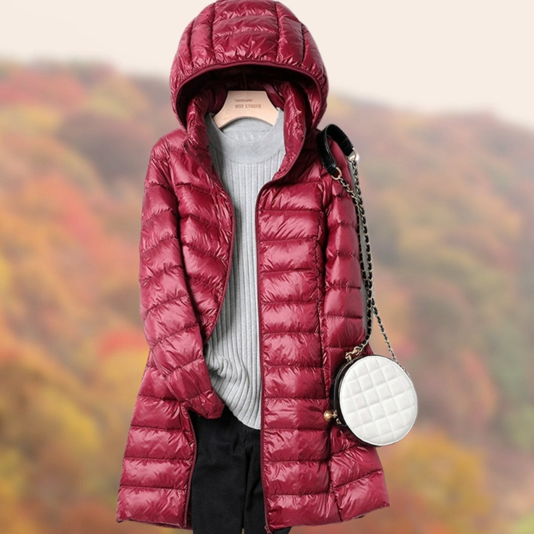 Burgundy hooded puffer jacket with glossy quilted mid-length cut