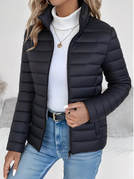 Black slim fit puffer jacket with quilted channels and zip front closure