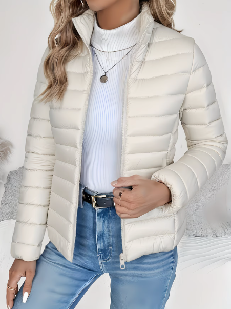 Ivory slim fit puffer jacket with stand collar and quilted design