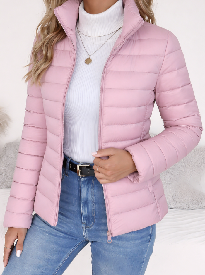 Blush pink slim fit puffer jacket with quilted panels and zip closure