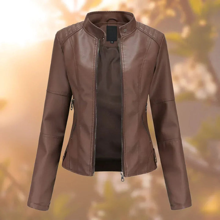 Brown faux leather zip-up jacket featuring slim-fit moto styling