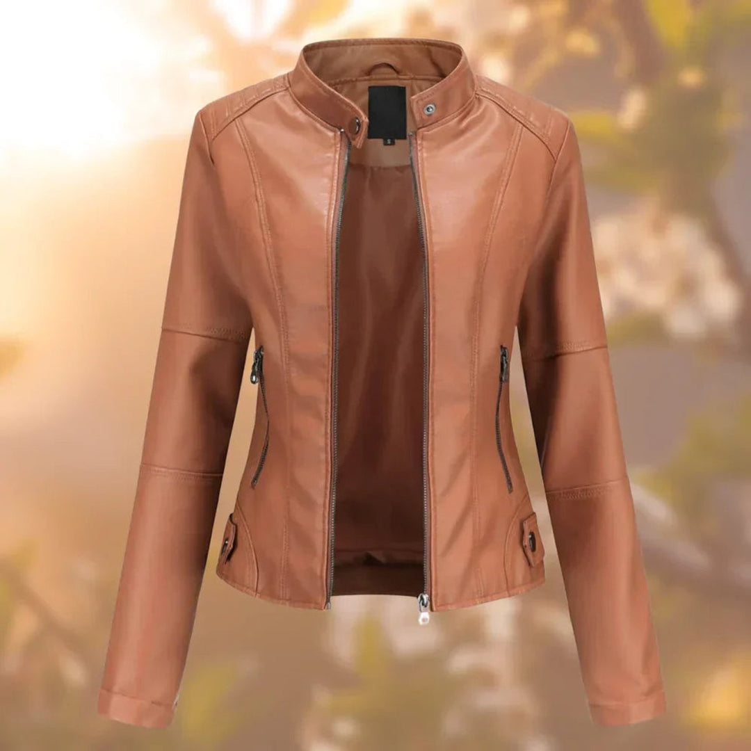 Tan faux leather biker jacket with stand-up collar and zips