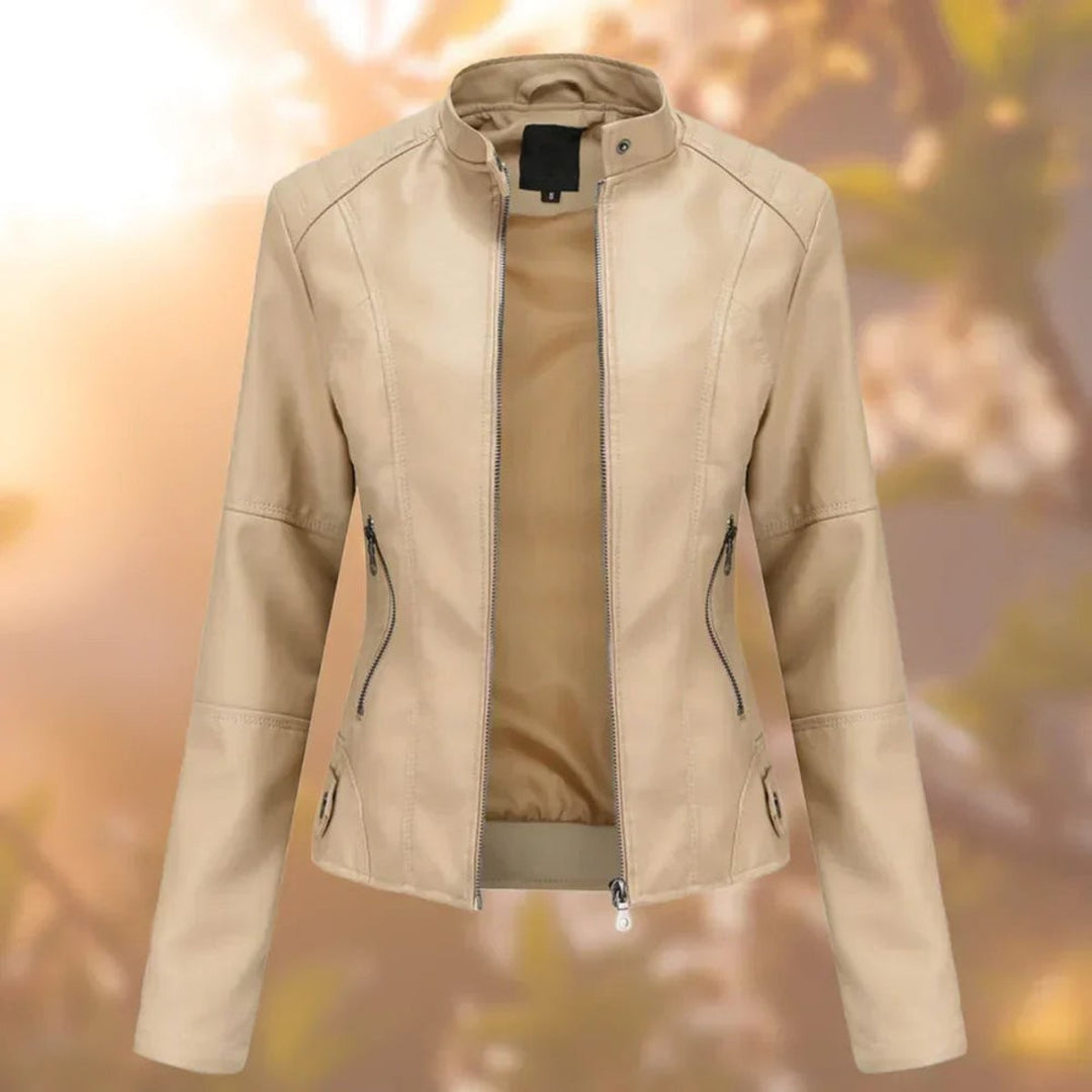 Beige faux leather slim-fit jacket with stand collar and zip cuffs