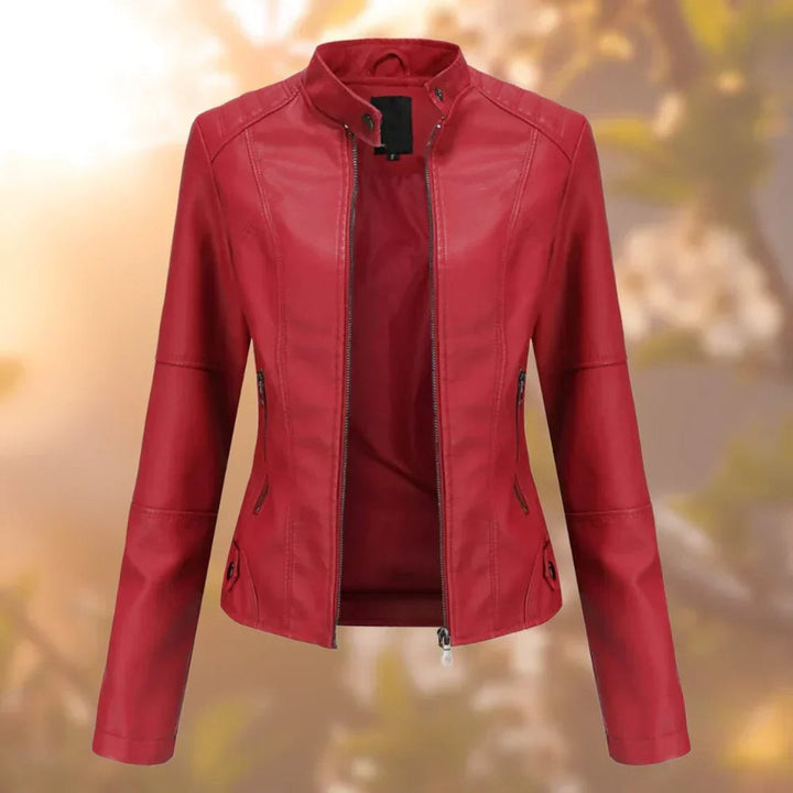 Red faux leather moto jacket with front zip and stand collar