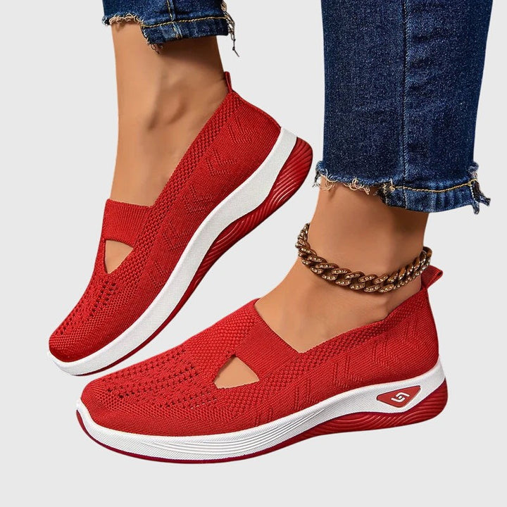 Red knit slip-on sneakers with cutout accent and white platform outsole