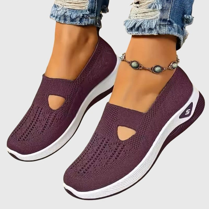 Deep plum mesh slip-on sneakers featuring cutout side and white sole
