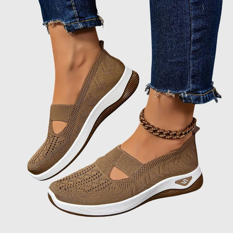 Brown mesh slip-on sneakers featuring cutout side and chunky white sole