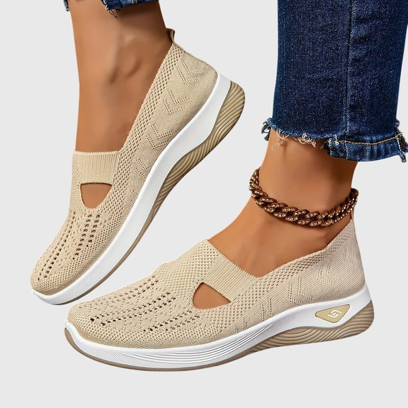 Beige mesh slip-on sneakers with cutout design and white platform sole