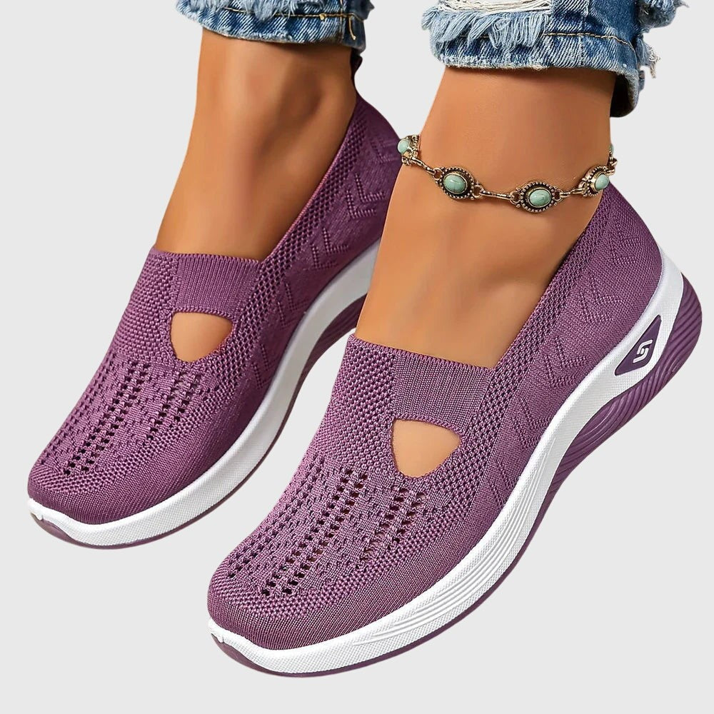 Purple mesh slip-on shoes with triangle cutout and white platform sole