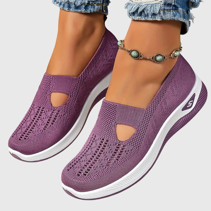 Purple mesh slip-on shoes with triangle cutout and white platform sole