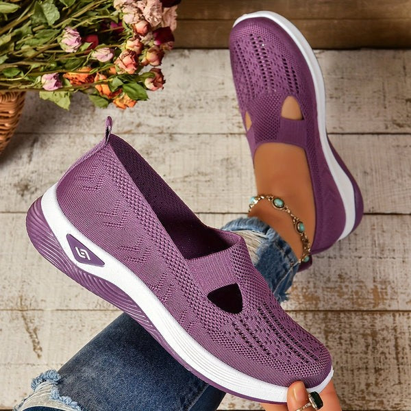 Purple knit slip-on sneakers with teardrop cutout and platform outsole