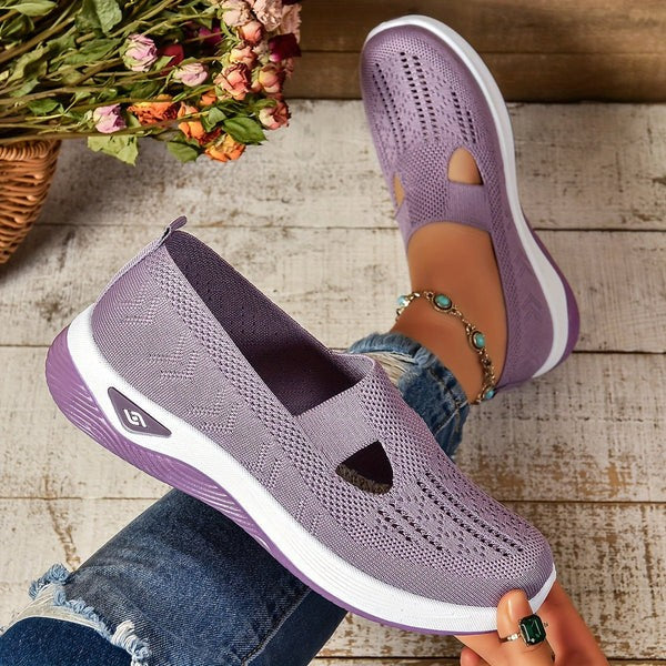 Lavender mesh slip-on sneakers featuring cutout vamp and wedge sole