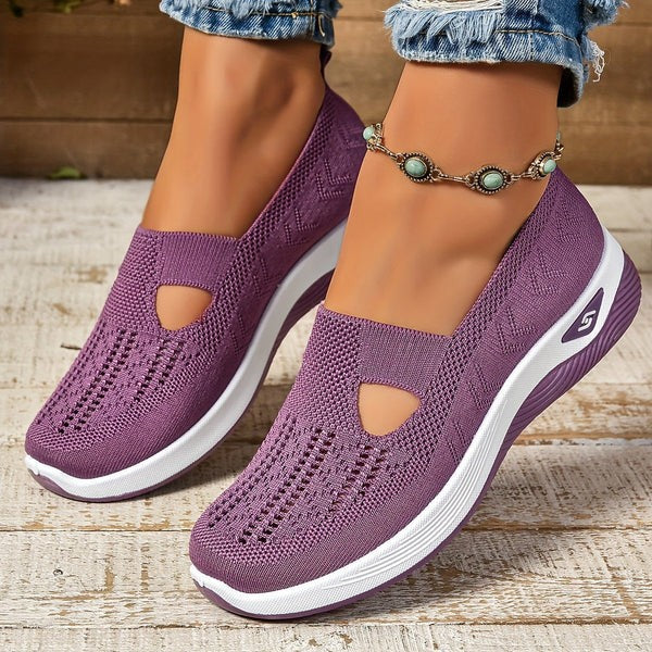 Purple mesh slip-on sneakers with teardrop cutout and white platform sole