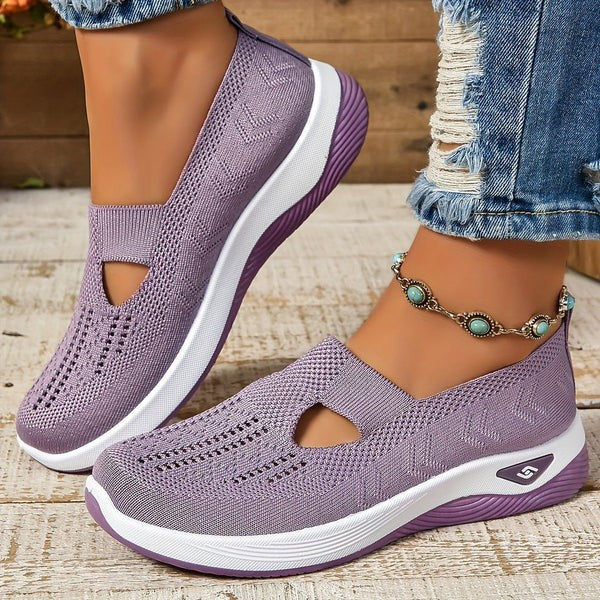 Mauve knit slip-on sneakers showing breathable mesh and wedge sole