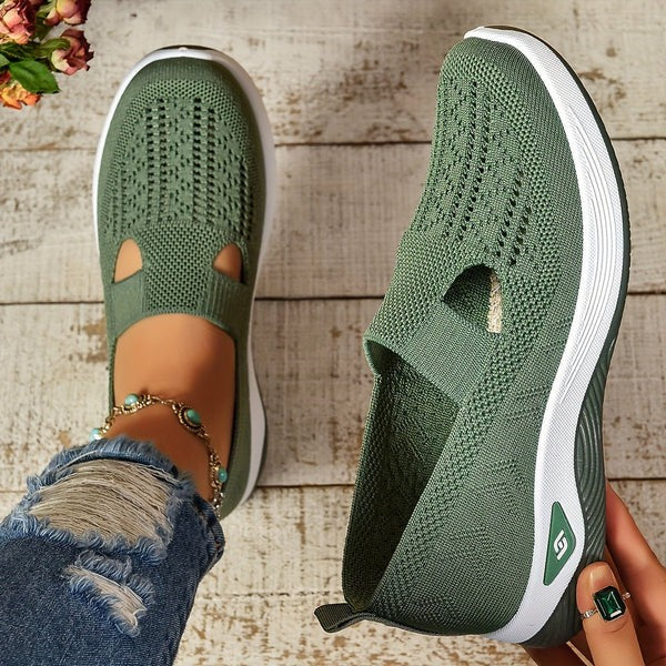 Olive green knit sneakers paired showing side cutout and ridged sole