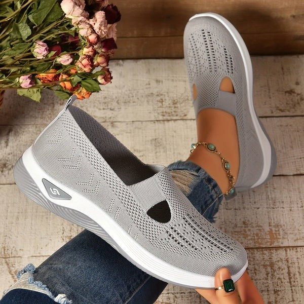 Gray mesh slip-on sneakers with cutout vamp and thick wedge outsole