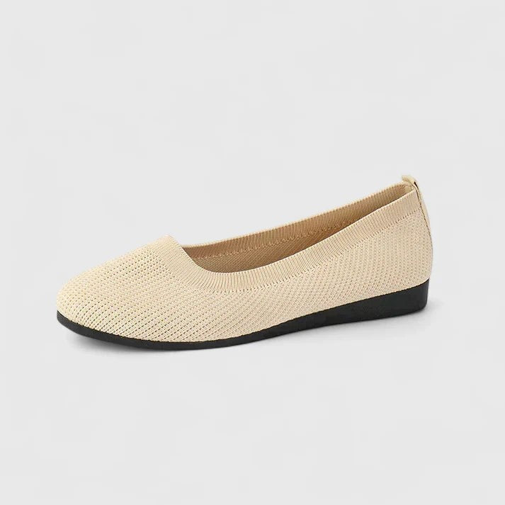 beige knit ballet flat with round toe and low wedge sole