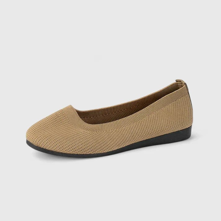 tan knit ballet flat with round toe and low wedge heel