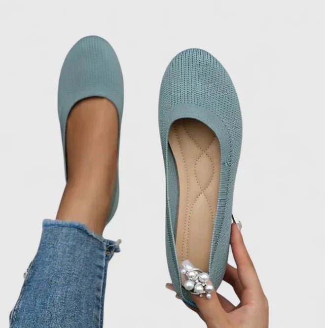 sage green knit ballet flat with stitched insole and round toe