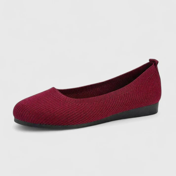 burgundy knit ballet flat with round toe and low wedge sole