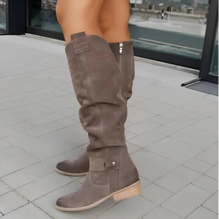 grey suede knee-high boots with pull tab and stacked block heel