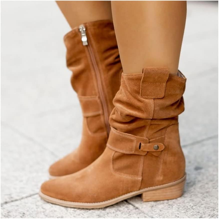 tan suede mid-calf boots with side zipper and ankle strap