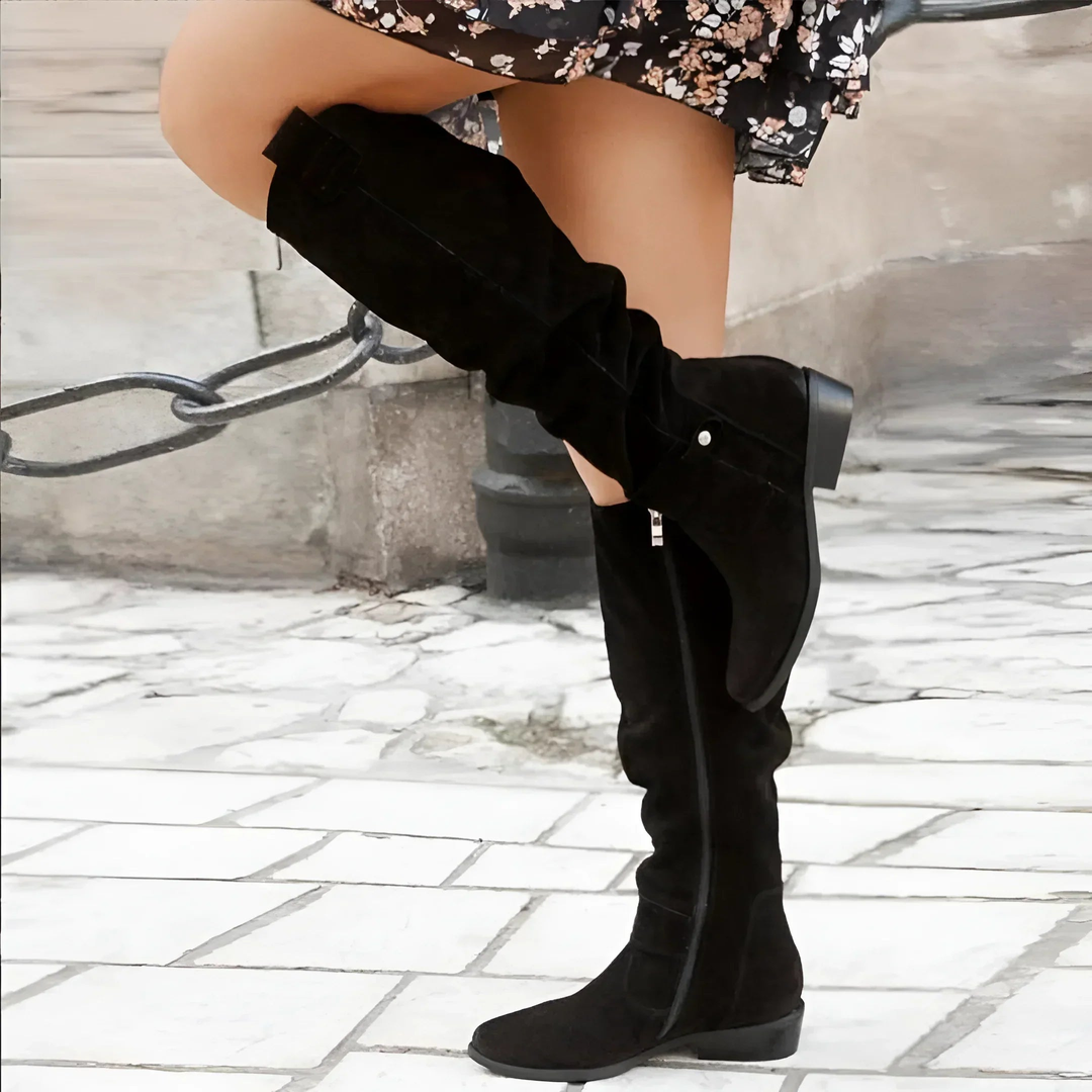 black suede over-the-knee boots with slouch design and side zip