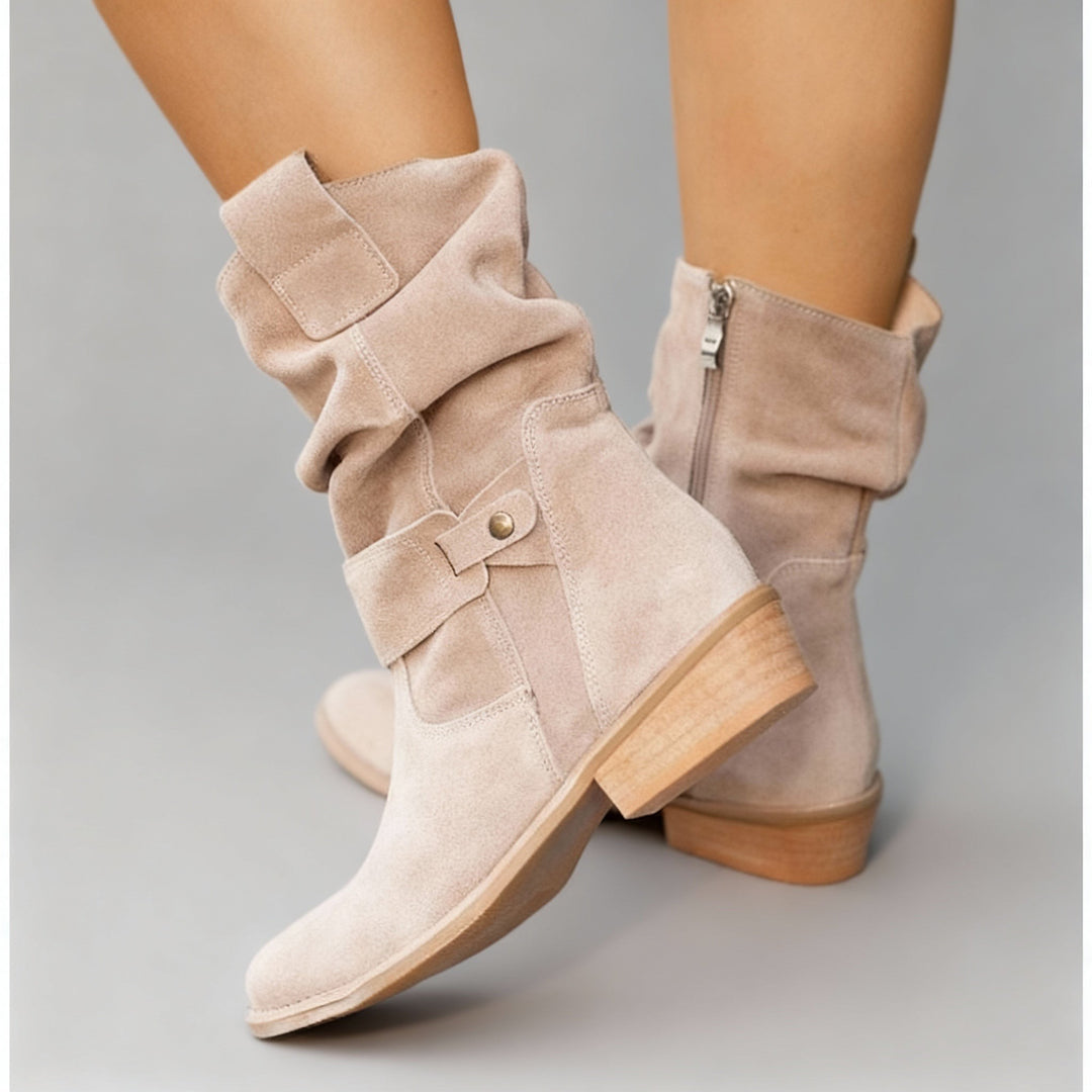 Beige suede slouchy mid-calf boots with buckle strap and block heel