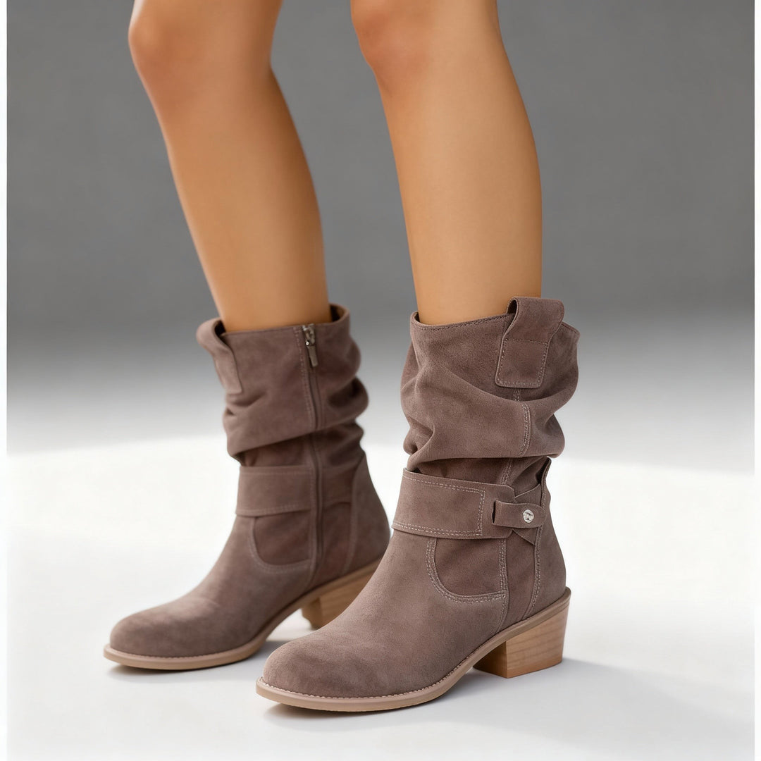 Taupe suede slouchy mid-calf boots with strap detail and block heel