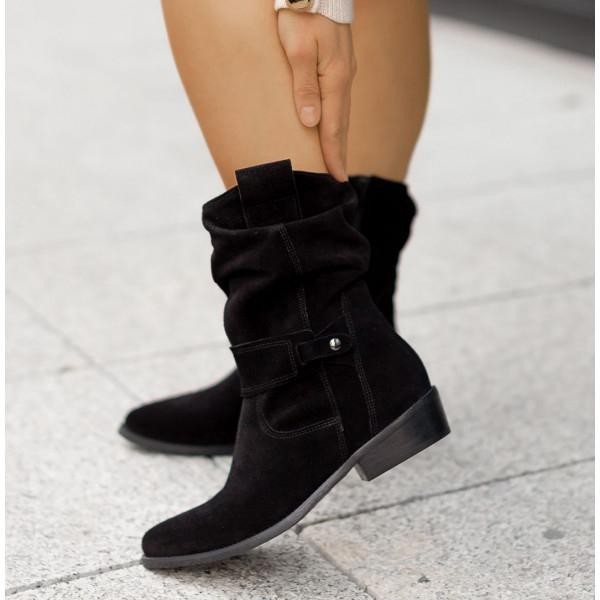 Black suede slouchy mid-calf boots with strap detail and block heel