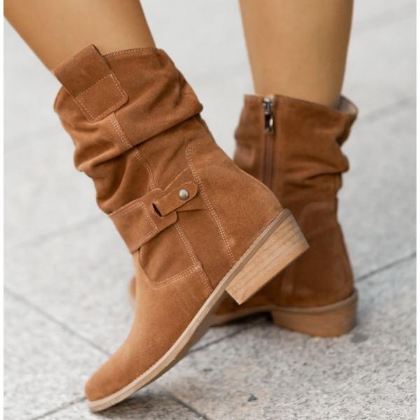 Tan suede slouchy mid-calf boots with side zip and wooden heel