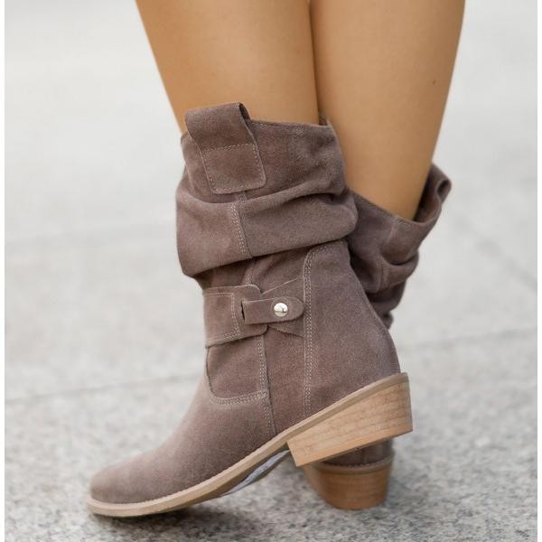 Taupe suede slouchy boots with buckle strap and block heel, rear view