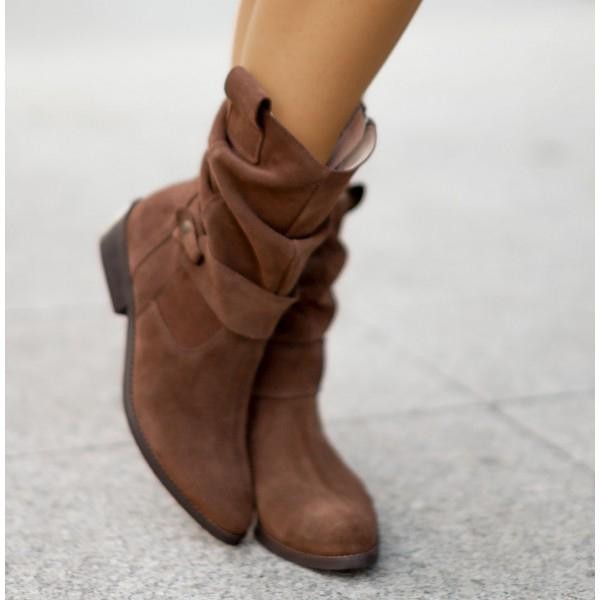 Brown suede slouchy mid-calf boots with strap detail, front view