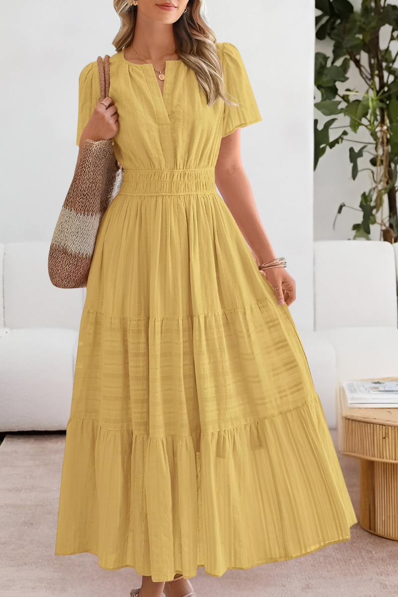 yellow tiered maxi dress with split neckline and puff sleeves